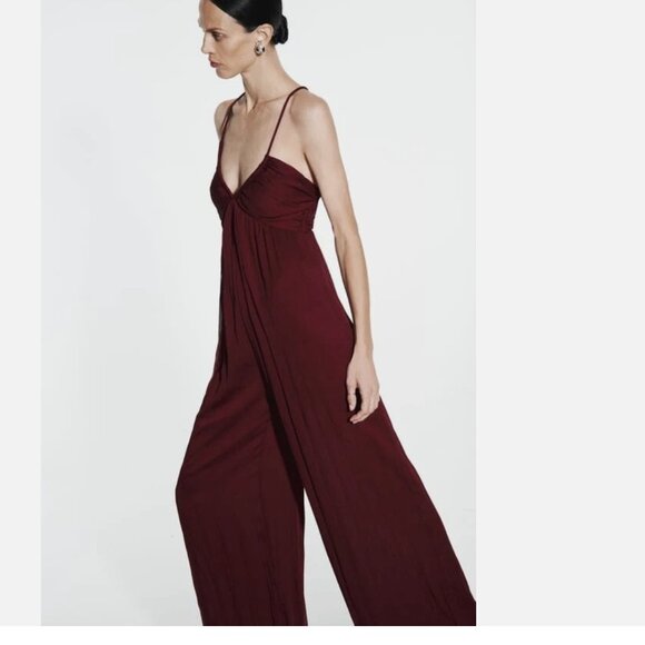 NWT ZARA LONG CROSSED BACK JUMPSUIT Chiffon Fabric Small Bloggers Fave Burgundy - Picture 5 of 13